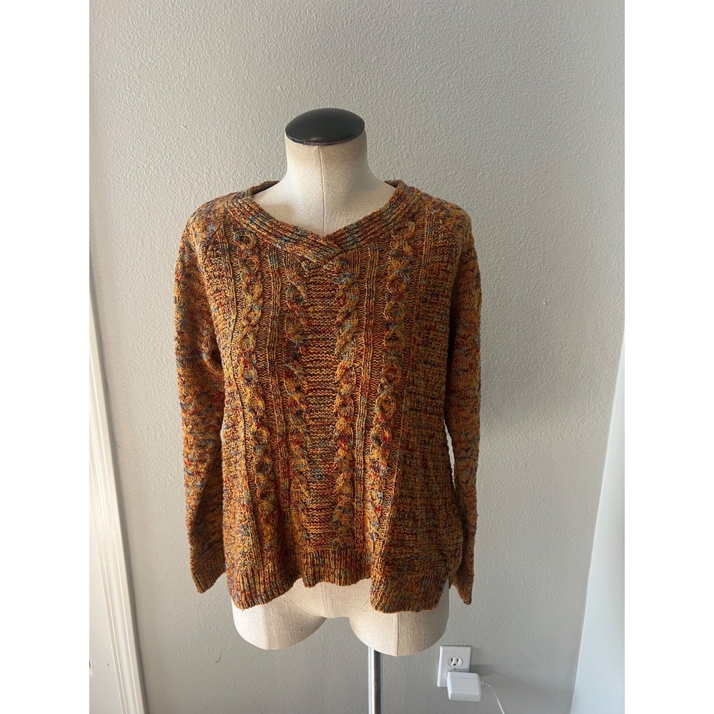 Time and Tru Women's Small 4-6 Cable Knit Sweater Ochre Harvest Multicolor V Nec